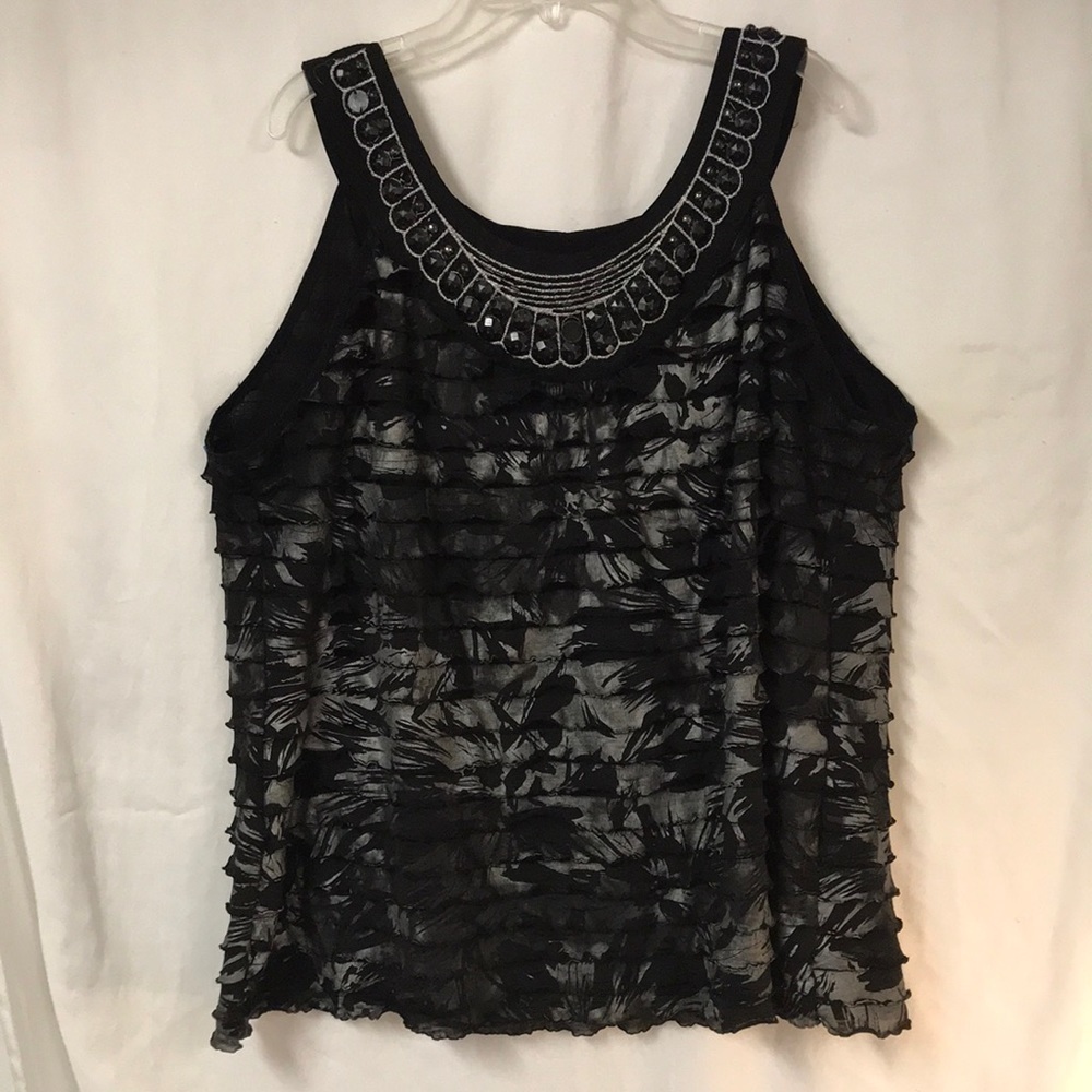 CATO Women’s Sleeveless Tank Top Black Gray Jeweled Layered Sheer Ruffles 18/20W